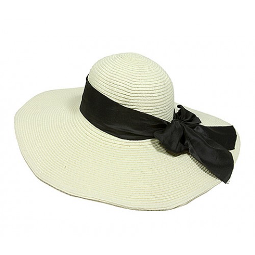 Straw Wide Brim Hat w/ Bow - Ivory - HT-M223IV
